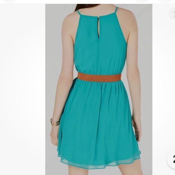 NWT BCX Juniors Women's blue/green Belted Pullover Chiffon Halter Fit & Flare Dr - Picture 2 of 13